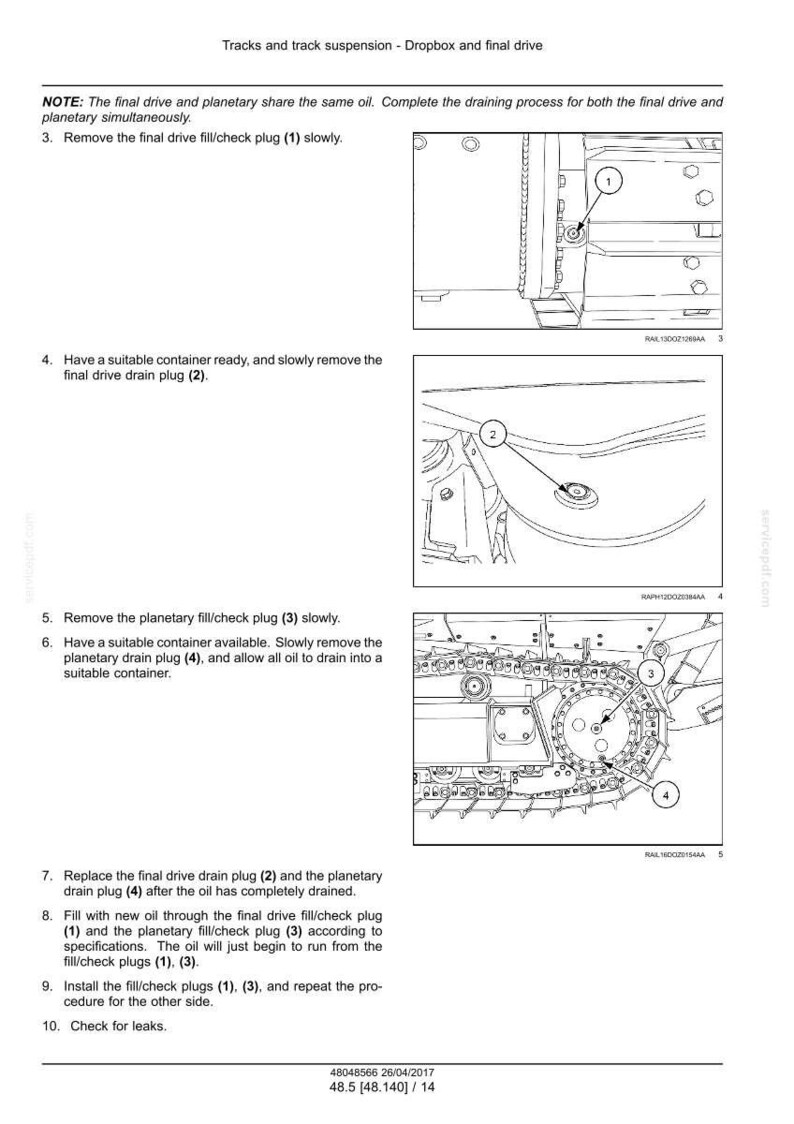 May include: Diagram of tracks and track suspension with instructions for draining and filling oil. Includes numbered steps and illustrations of plugs and components. Text includes "final drive" and "planetary".
