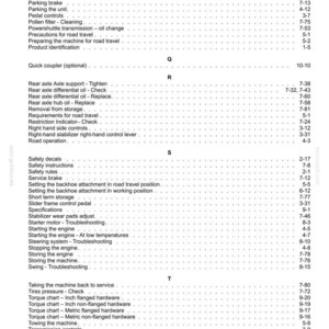 May include: A detailed table of contents from a manual, featuring various operational and maintenance topics. Sections include safety, engine operation, and troubleshooting, with page numbers listed.