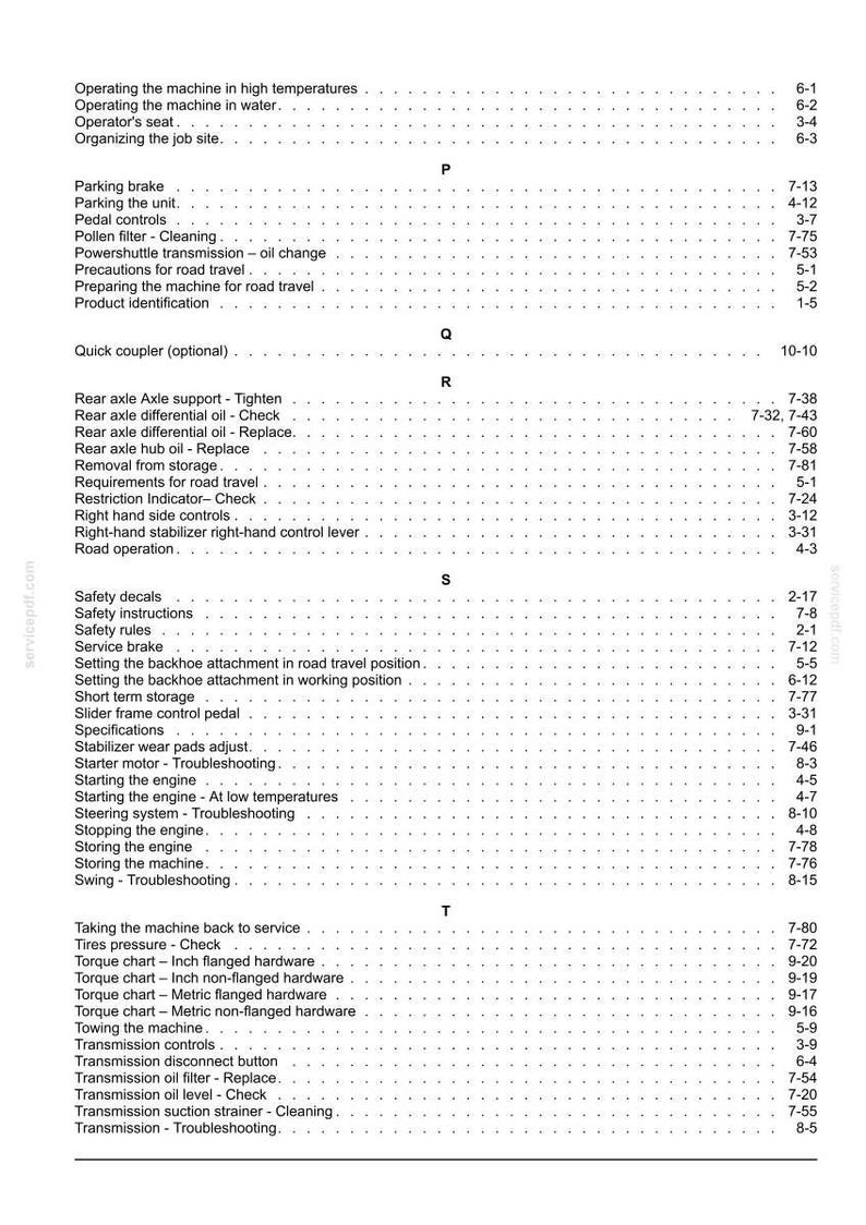 May include: A detailed table of contents from a manual, featuring various operational and maintenance topics. Sections include safety, engine operation, and troubleshooting, with page numbers listed.