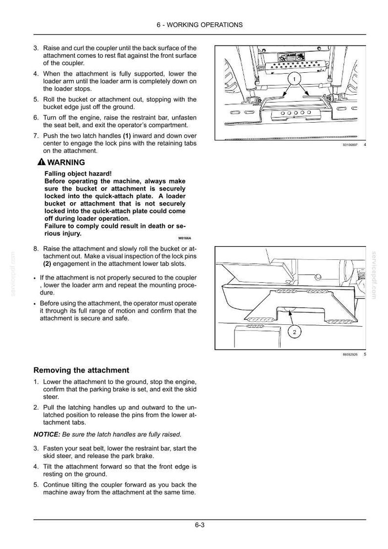 May include: A manual page titled "6 - WORKING OPERATIONS" with instructions and diagrams for machinery attachment operation. Includes safety warnings and steps for removing attachments. Diagrams show machinery components.