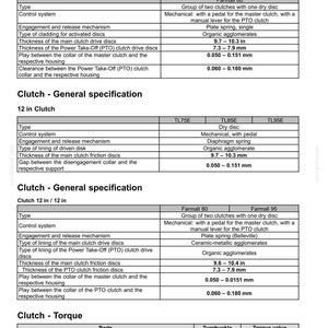 Puede incluir: Un diagrama t&eacute;cnico detallado de las especificaciones del embrague, con medidas en pulgadas y mil&iacute;metros. El documento describe varios tipos de embrague, sistemas de control y valores de par.