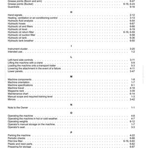 K&ouml;nnte beinhalten: Eine detaillierte Indexseite aus einem Handbuch mit einer Liste von Begriffen und Seitenzahlen. Der Text ist schwarz auf wei&szlig;em Hintergrund. Zu den Begriffen geh&ouml;ren "Sicherungskasten", "Hydraulikschl&auml;uche", "Maschinenkomponenten" und "Bedienung der Maschine".