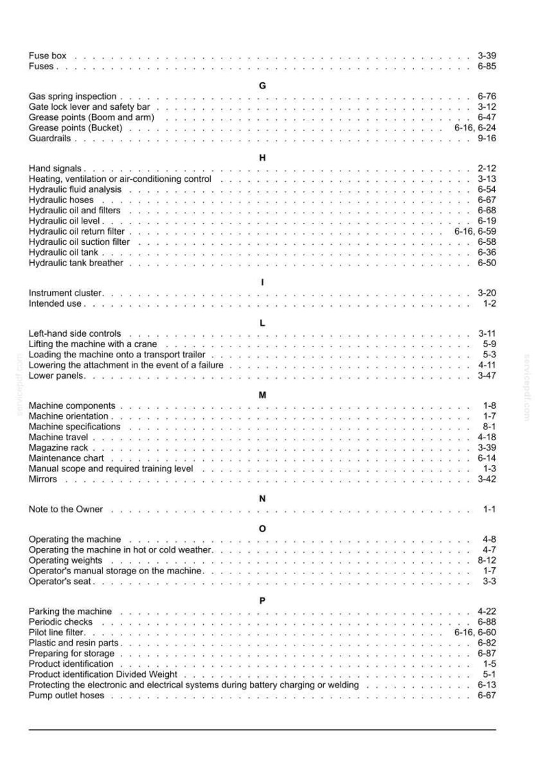 K&ouml;nnte beinhalten: Eine detaillierte Indexseite aus einem Handbuch mit einer Liste von Begriffen und Seitenzahlen. Der Text ist schwarz auf wei&szlig;em Hintergrund. Zu den Begriffen geh&ouml;ren "Sicherungskasten", "Hydraulikschl&auml;uche", "Maschinenkomponenten" und "Bedienung der Maschine".
