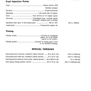 May include: A black and white specification sheet for a fuel injection pump. The sheet includes details on the pump's type, rotation, mounting, drive, governor, and lubrication. Special torques are listed in foot-pounds and their metric equivalents.