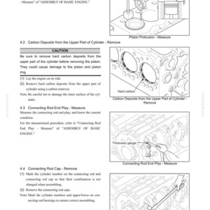 May include: Diagram from a manual detailing engine disassembly. Includes illustrations for measuring piston protrusion, removing carbon deposits, measuring connecting rod end play, and removing connecting rod caps. Text includes instructions and safety cautions.