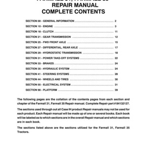 Pode incluir: Uma p&aacute;gina branca de um manual de repara&ccedil;&atilde;o para tratores Farmall 31 e 35. O t&iacute;tulo "REPAIR MANUAL COMPLETE CONTENTS" est&aacute; no topo, seguido de uma lista de se&ccedil;&otilde;es como "Motor", "Embraiagem" e "Trav&otilde;es".