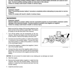 Peut inclure: Page d'un manuel de maintenance avec des consignes de s&eacute;curit&eacute; et des instructions pour connecter des batteries auxiliaires. Comprend un sch&eacute;ma d'une chargeuse frontale et des &eacute;tapes d&eacute;taill&eacute;es. Le texte comprend des avertissements de s&eacute;curit&eacute;.