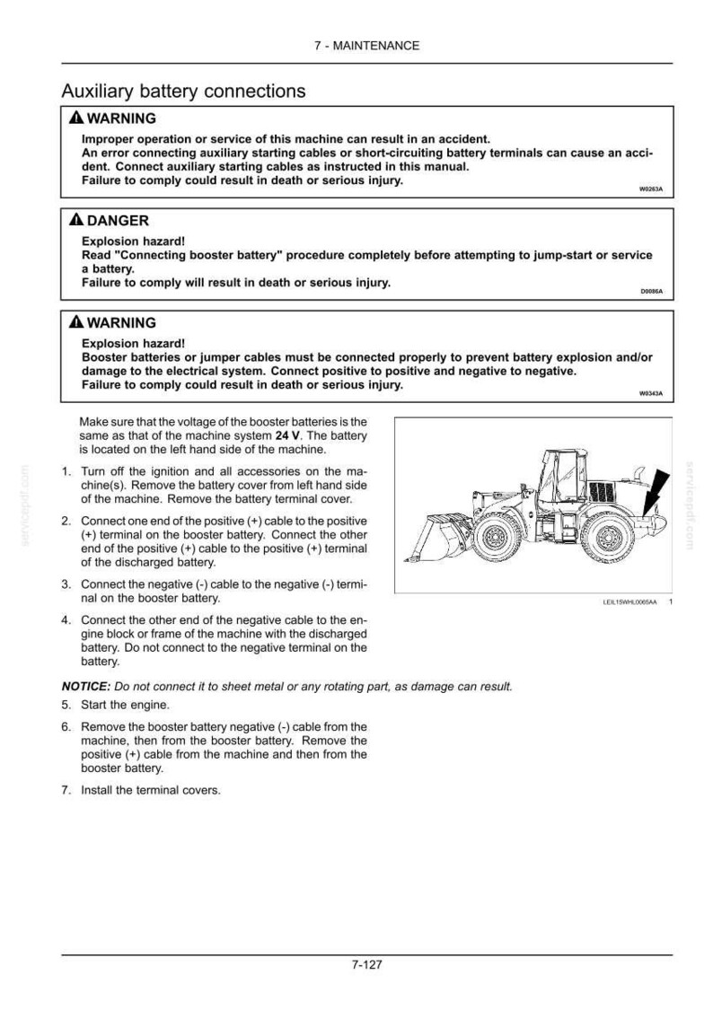 Peut inclure: Page d'un manuel de maintenance avec des consignes de s&eacute;curit&eacute; et des instructions pour connecter des batteries auxiliaires. Comprend un sch&eacute;ma d'une chargeuse frontale et des &eacute;tapes d&eacute;taill&eacute;es. Le texte comprend des avertissements de s&eacute;curit&eacute;.