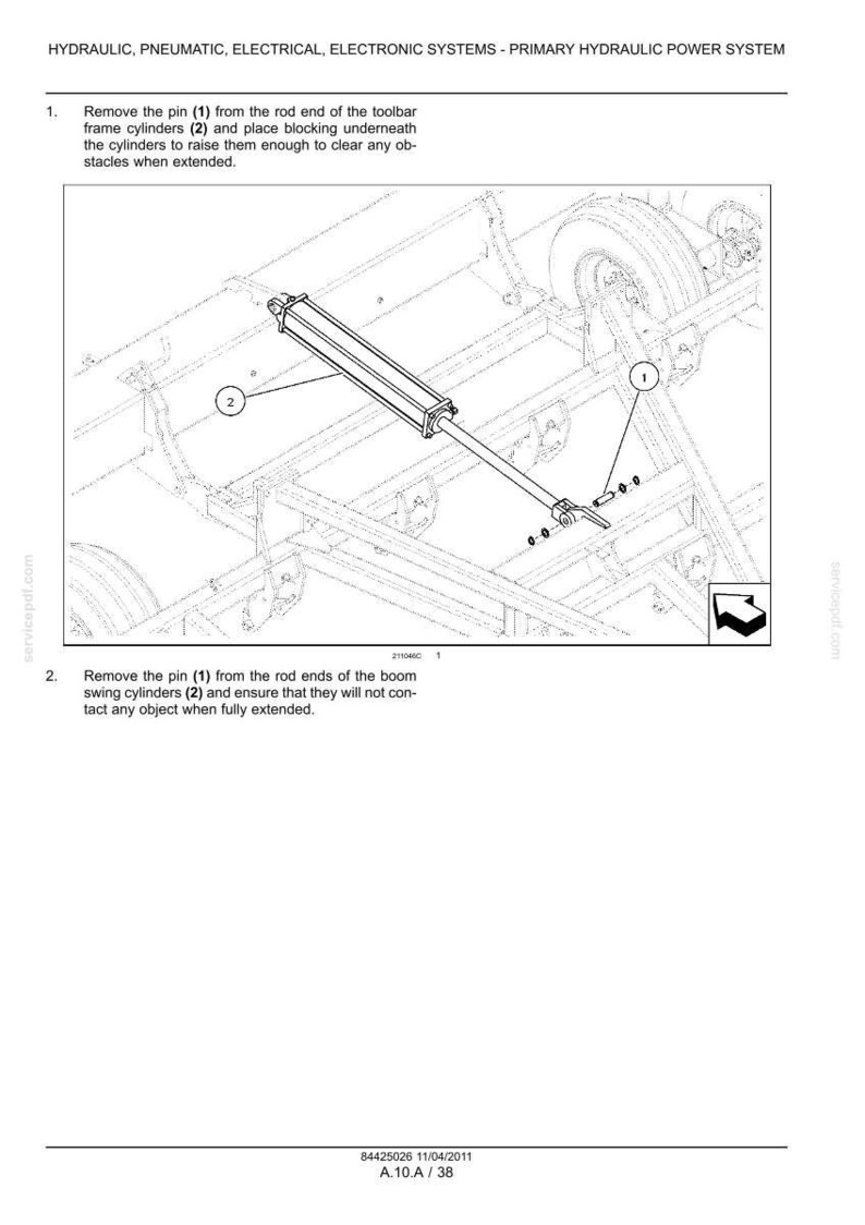 Pu&ograve; includere: Un disegno tecnico al tratto che illustra la rimozione di un perno dall'estremit&agrave; dell'asta di un cilindro idraulico. Il diagramma include le etichette 1 e 2, con istruzioni per il sistema di alimentazione idraulica principale, incluso l'intestazione: HYDRAULIC, PNEUMATIC, ELECTRICAL, ELECTRONIC SYSTEMS - PRIMARY HYDRAULIC POWER SYSTEM.