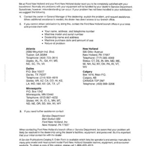 May include: A black and white document titled OWNER ASSISTANCE from Ford New Holland. It provides instructions for resolving equipment issues, listing contact details for branch offices in Atlanta, Dallas, Minneapolis, New Holland, and Calgary.