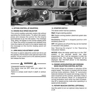 May include: Diagram of a vehicle's right-hand control arm, featuring various switches and controls. Includes the engine idle speed selector, starter switch, engine acceleration button, rotary beacon control, and radio compartment. Text labels identify each component.