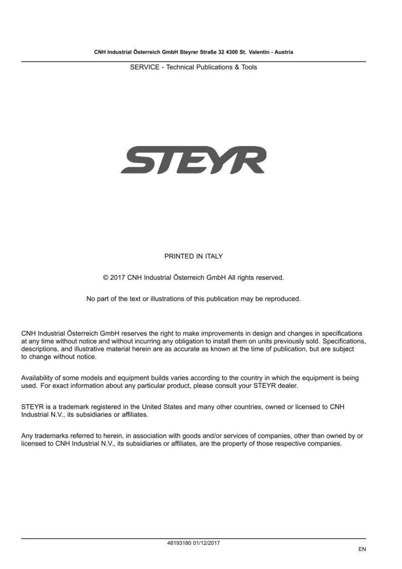 May include: A technical document page featuring the STEYR logo at the top, followed by copyright information for CNH Industrial &Ouml;sterreich GmbH, printed in Italy in 2017, including legal disclaimers regarding specifications and trademark ownership.