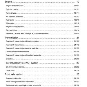 May include: A page from a manual titled "Contents" with a list of engine, transmission, and axle system components. The text is black on a white background. The document includes page numbers and sub-sections.