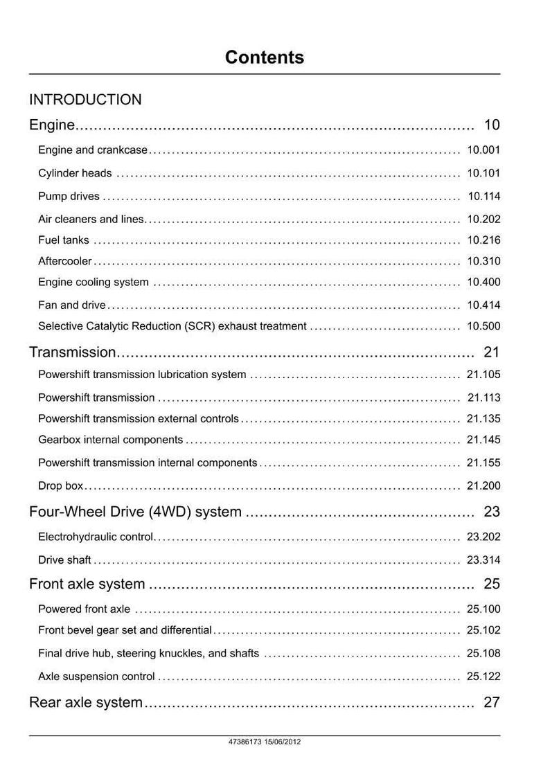 May include: A page from a manual titled "Contents" with a list of engine, transmission, and axle system components. The text is black on a white background. The document includes page numbers and sub-sections.