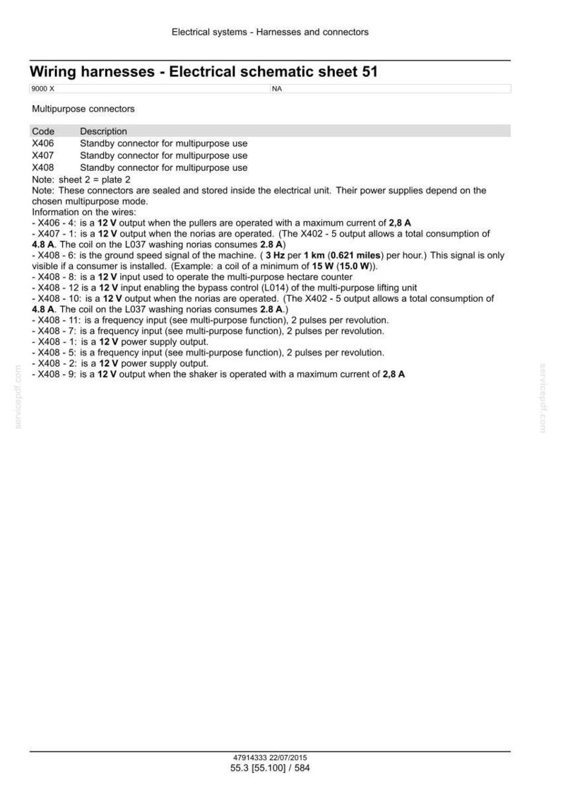 May include: Electrical schematic sheet 51 with wiring harnesses and multipurpose connectors. Includes a table with codes and descriptions for standby connectors and wire information, such as 12 V outputs and frequency inputs.
