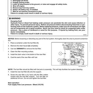 May include: Diagram of fuel filter replacement instructions. Includes warnings about safety, and steps for removing and installing a new fuel filter. The image also shows a diagram of the fuel filter and related components.