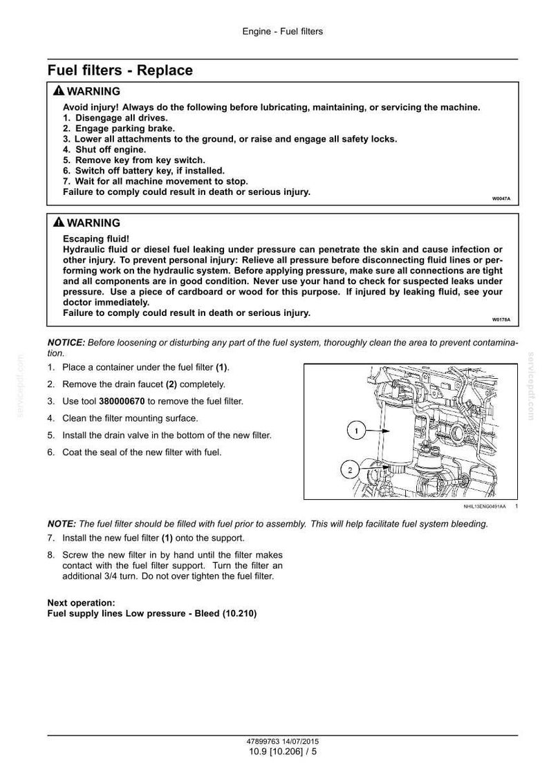 May include: Diagram of fuel filter replacement instructions. Includes warnings about safety, and steps for removing and installing a new fuel filter. The image also shows a diagram of the fuel filter and related components.