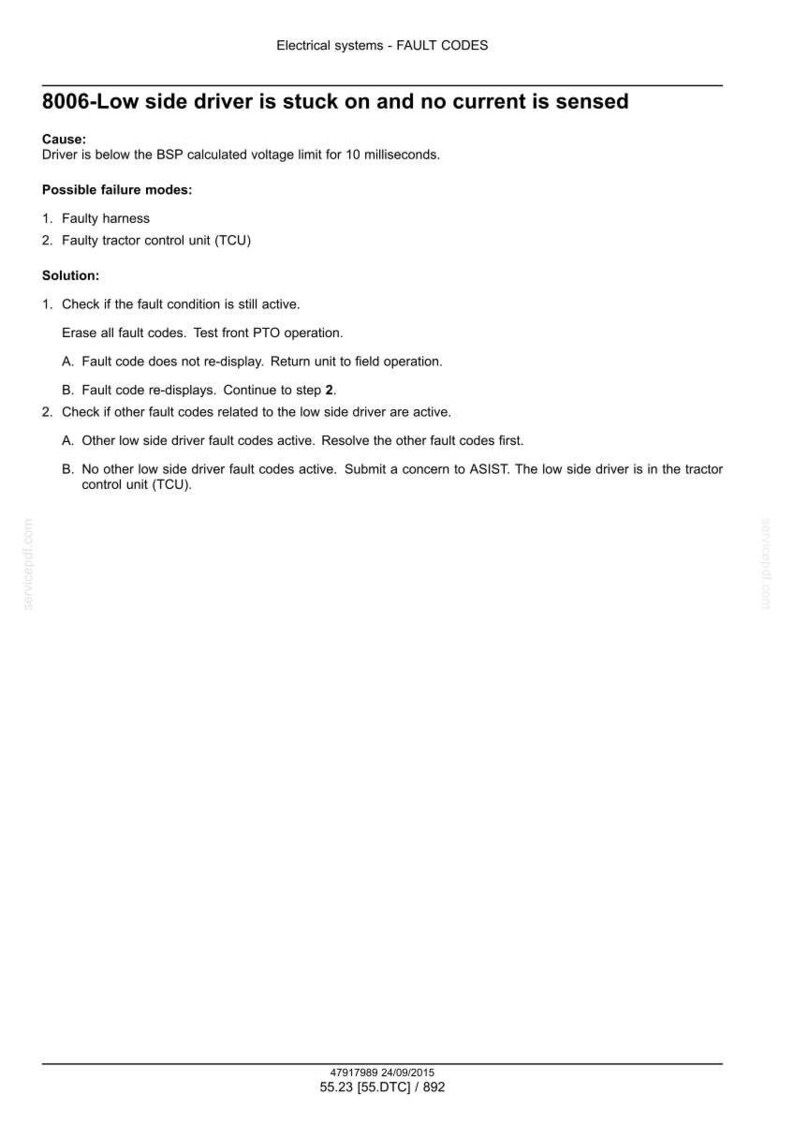 May include: A document titled "Electrical systems - FAULT CODES" with troubleshooting steps for fault code 8006. The text explains the cause, possible failure modes, and solution steps. Includes the date 24/09/2015 and code 55.23 [55.DTC] / 892.