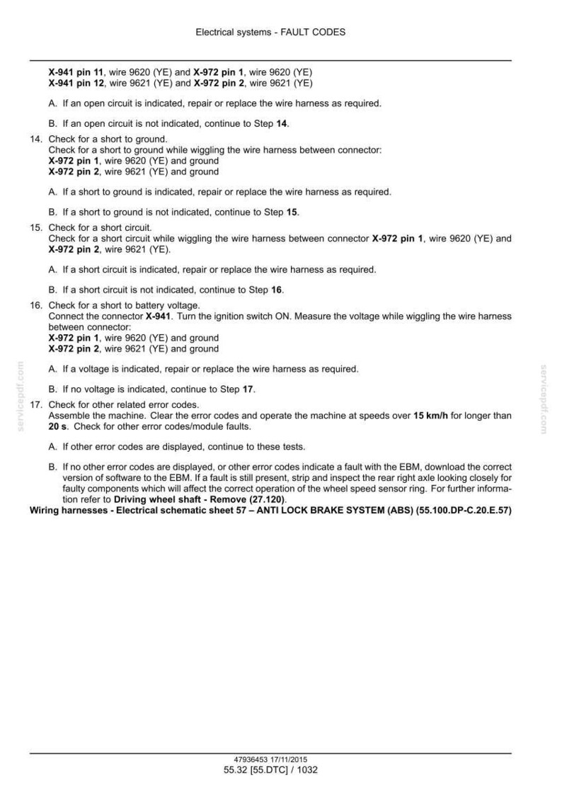 May include: A detailed document titled "Electrical systems - FAULT CODES" with troubleshooting steps for wiring harnesses. Includes instructions for checking circuits, shorts, and voltage, with references to specific wire numbers and connectors.