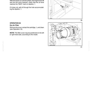 May include: A technical manual page titled Section 4 - Lubrication and Maintenance. It features Operation 25, Transmission and Lift, with a diagram of a dipstick, and Operation 26, Dry Air Filter, showing a cylindrical air filter cartridge.