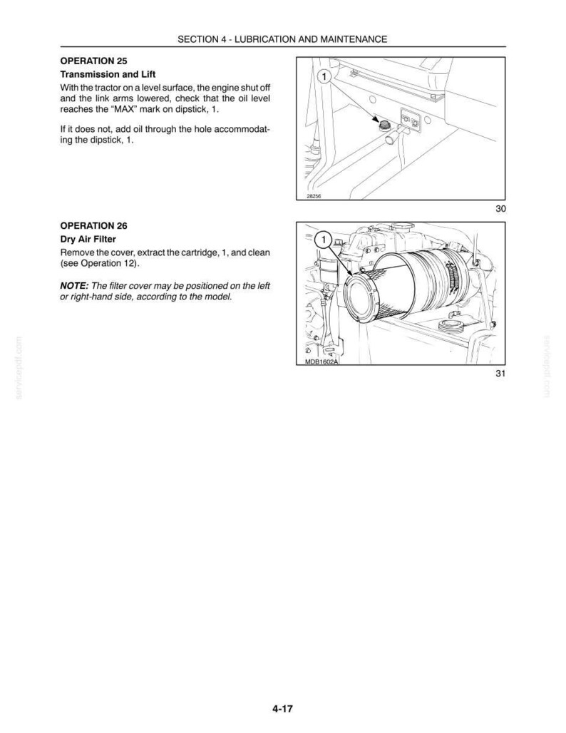 May include: A technical manual page titled Section 4 - Lubrication and Maintenance. It features Operation 25, Transmission and Lift, with a diagram of a dipstick, and Operation 26, Dry Air Filter, showing a cylindrical air filter cartridge.