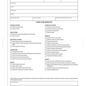 May include: A black and white document titled "AFTER DELIVERY CHECK Owner Copy" with checklists for vehicle maintenance. Includes sections for cooling, fuel, electrical, lubrication, motor, hydraulic, general, and safety checks. The document is a maintenance checklist.