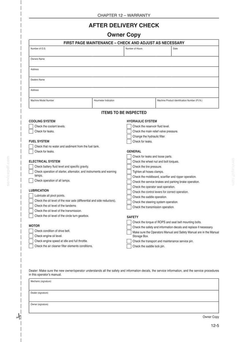 May include: A black and white document titled "AFTER DELIVERY CHECK Owner Copy" with checklists for vehicle maintenance. Includes sections for cooling, fuel, electrical, lubrication, motor, hydraulic, general, and safety checks. The document is a maintenance checklist.