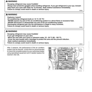 May include: A technical manual page titled 7-MAINTENANCE, detailing air-conditioning system checks every 36 months. It includes three warning boxes regarding refrigerant hazards, frostbite, and explosion risks, plus a diagram of the system.