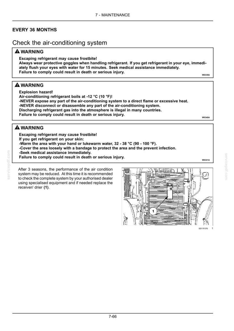 May include: A technical manual page titled 7-MAINTENANCE, detailing air-conditioning system checks every 36 months. It includes three warning boxes regarding refrigerant hazards, frostbite, and explosion risks, plus a diagram of the system.