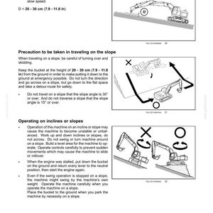 Puede incluir: Una p&aacute;gina de manual de seguridad titulada 2-SAFETY INFORMATION con dibujos lineales en blanco y negro de una excavadora en una pendiente. Los diagramas ilustran la altura correcta del cuchar&oacute;n de 20-30 cm y procedimientos de operaci&oacute;n.