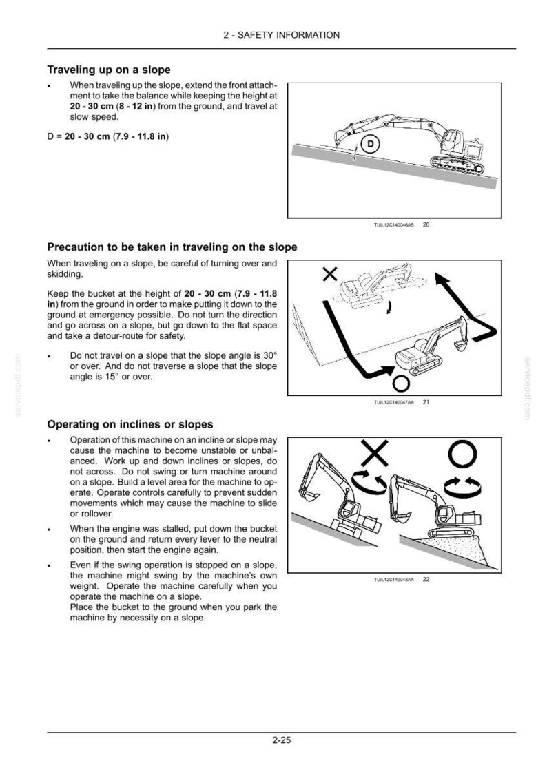 Puede incluir: Una p&aacute;gina de manual de seguridad titulada 2-SAFETY INFORMATION con dibujos lineales en blanco y negro de una excavadora en una pendiente. Los diagramas ilustran la altura correcta del cuchar&oacute;n de 20-30 cm y procedimientos de operaci&oacute;n.