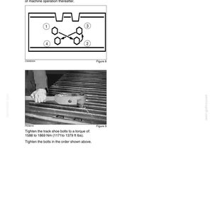May include: Diagram and photo from a maintenance manual. The diagram shows the bolt pattern for track shoe torque. The photo shows a person tightening bolts. Text includes "TRACK SHOE BOLT TORQUE" and torque specifications.