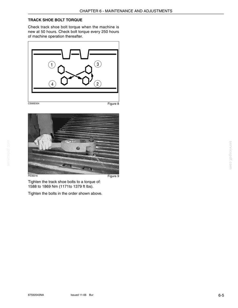 May include: Diagram and photo from a maintenance manual. The diagram shows the bolt pattern for track shoe torque. The photo shows a person tightening bolts. Text includes "TRACK SHOE BOLT TORQUE" and torque specifications.