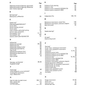 K&ouml;nnte beinhalten: Indexseite aus einem Handbuch mit detailliertem Inhaltsverzeichnis mit verschiedenen mechanischen Begriffen und Seitenzahlen. Das Dokument ist in schwarzem Text auf wei&szlig;em Hintergrund gedruckt, mit dem Logo des Herstellers oben.