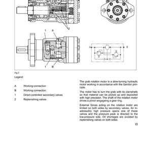 Op de afbeelding: Technisch diagram van een hydraulische motor, met interne componenten zoals werkverbindingen, kleppen en een tandwielkrans. De afbeelding is een illustratie met labels en annotaties.