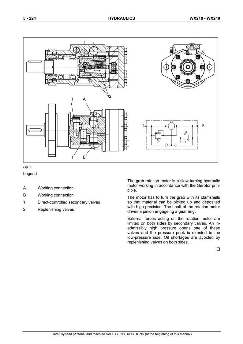 Op de afbeelding: Technisch diagram van een hydraulische motor, met interne componenten zoals werkverbindingen, kleppen en een tandwielkrans. De afbeelding is een illustratie met labels en annotaties.