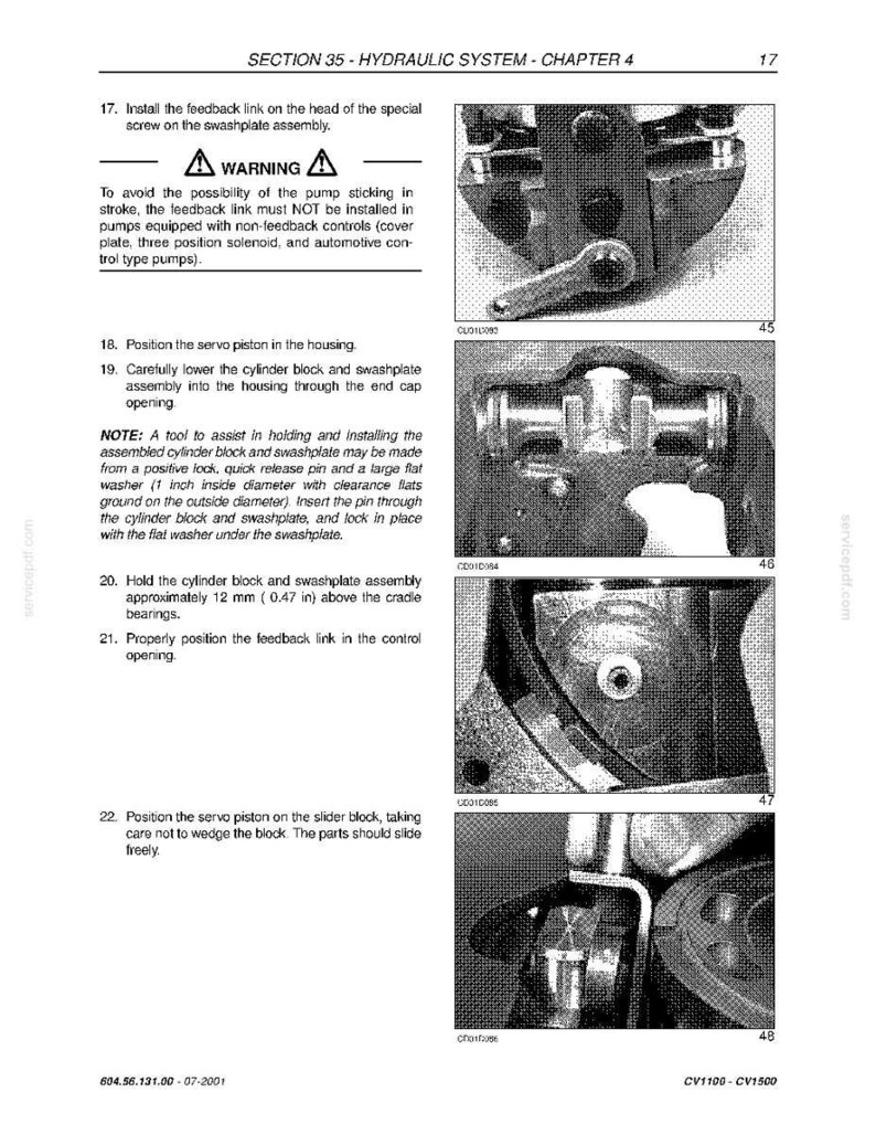 May include: A page from a manual titled "SECTION 35 - HYDRAULIC SYSTEM - CHAPTER 4". The page contains text, diagrams, and instructions for hydraulic system components. Includes warnings and diagrams of mechanical parts.