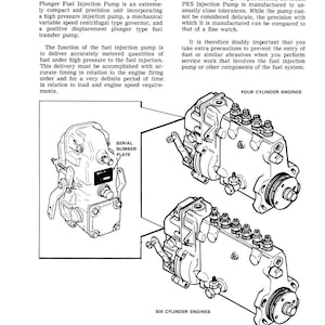 May include: Technical diagram of a Robert Bosch Model PES Multiple Plunger Fuel Injection Pump. The image includes detailed illustrations of four-cylinder and six-cylinder engine configurations, along with a serial number plate.