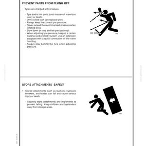 May include: A white safety information sheet with black text and illustrations. The top section warns about preventing parts from flying off, with a diagram of a person being hit by projectiles. The bottom section advises on storing attachments safely.