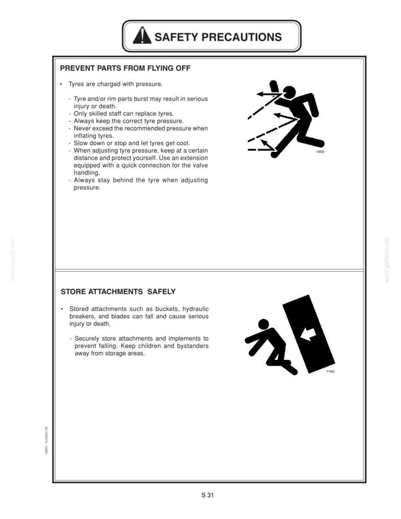 May include: A white safety information sheet with black text and illustrations. The top section warns about preventing parts from flying off, with a diagram of a person being hit by projectiles. The bottom section advises on storing attachments safely.