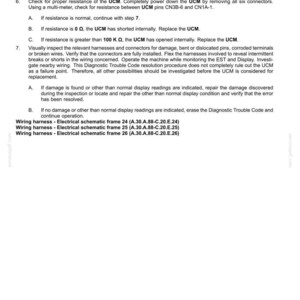 May include: A technical document titled HYDRAULIC, PNEUMATIC, ELECTRICAL, ELECTRONIC SYSTEMS - FAULT CODES. It provides troubleshooting steps for UCM resistance, wiring harness inspections, and references electrical schematic frames 24, 25, and 26.