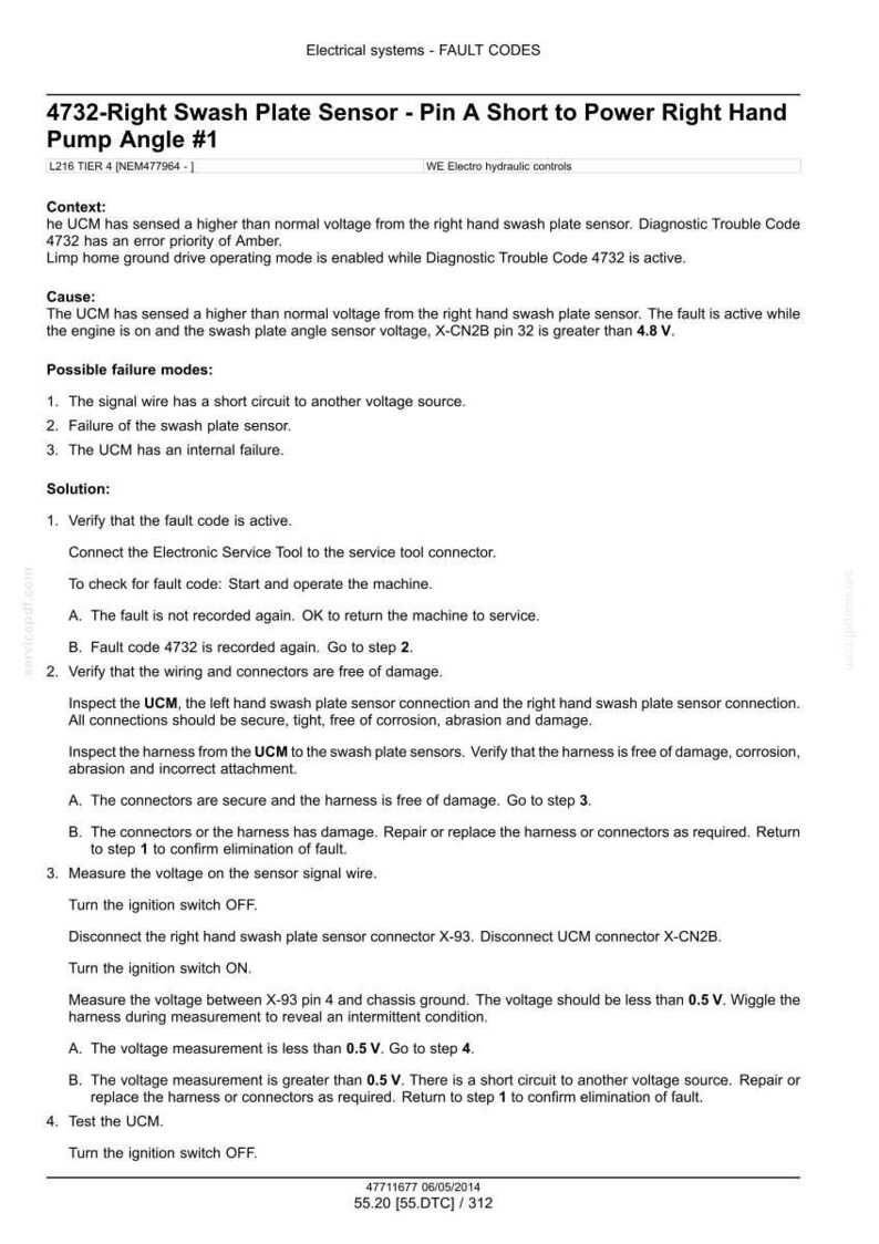 May include: A document detailing fault codes for an electrical system, specifically addressing issues with the 4732-Right Swash Plate Sensor. Includes troubleshooting steps and possible failure modes. Text is in black on a white background.