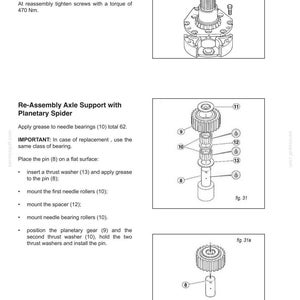 May include: Diagram of mechanical components for reassembly, including a planetary spider, gears, and washers. The image includes numbered parts and instructions for assembly, with text indicating torque specifications and grease application.