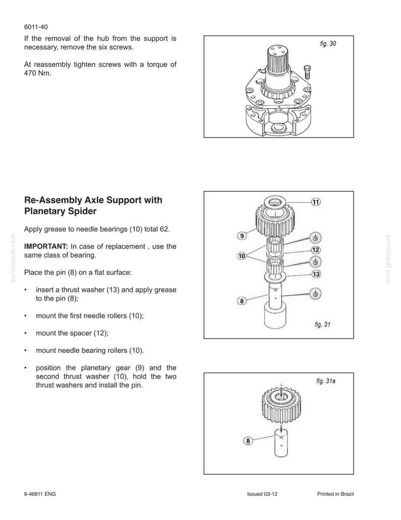 May include: Diagram of mechanical components for reassembly, including a planetary spider, gears, and washers. The image includes numbered parts and instructions for assembly, with text indicating torque specifications and grease application.