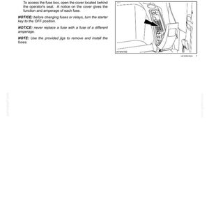 May include: Diagram of a car's interior, highlighting the fuse box location. Text provides instructions for accessing and replacing fuses, including safety notices about amperage and starter key position. The image is from a maintenance manual.