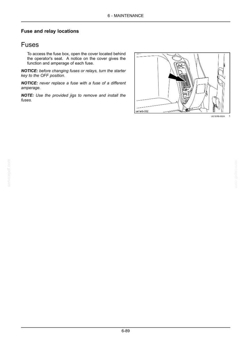 May include: Diagram of a car's interior, highlighting the fuse box location. Text provides instructions for accessing and replacing fuses, including safety notices about amperage and starter key position. The image is from a maintenance manual.