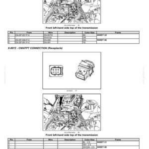 May include: A technical diagram titled Electrical systems - Harnesses and connectors, featuring two illustrations of the front left-hand side top of the transmission, a detailed view of an X-897Z CNH/FPT connection receptacle, and two wiring tables.