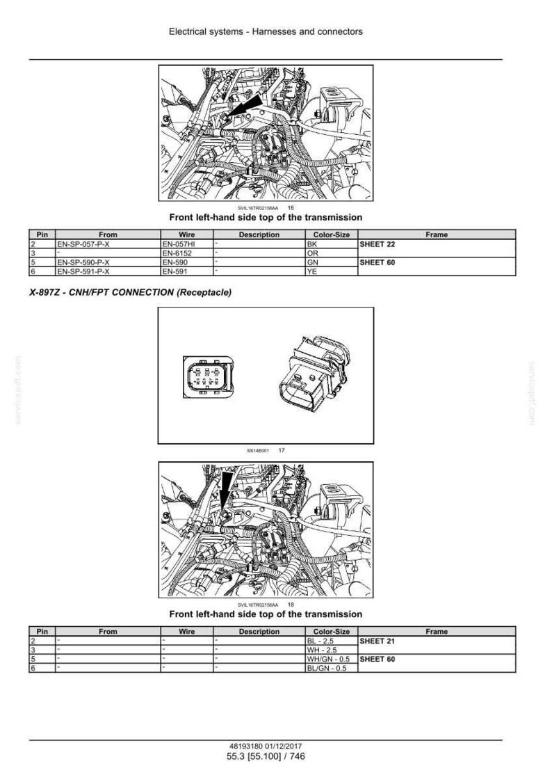 May include: A technical diagram titled Electrical systems - Harnesses and connectors, featuring two illustrations of the front left-hand side top of the transmission, a detailed view of an X-897Z CNH/FPT connection receptacle, and two wiring tables.