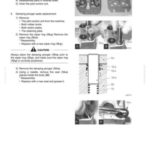 May include: A technical manual page for a pilot valve, model E215B-E245B, featuring black and white diagrams and photographs. It includes instructions for replacing damping plunger seals, identifying parts like the retaining plate 7-h and wiper ring 12-o.