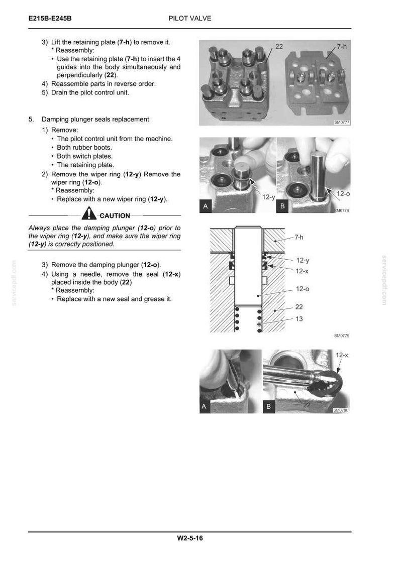 May include: A technical manual page for a pilot valve, model E215B-E245B, featuring black and white diagrams and photographs. It includes instructions for replacing damping plunger seals, identifying parts like the retaining plate 7-h and wiper ring 12-o.
